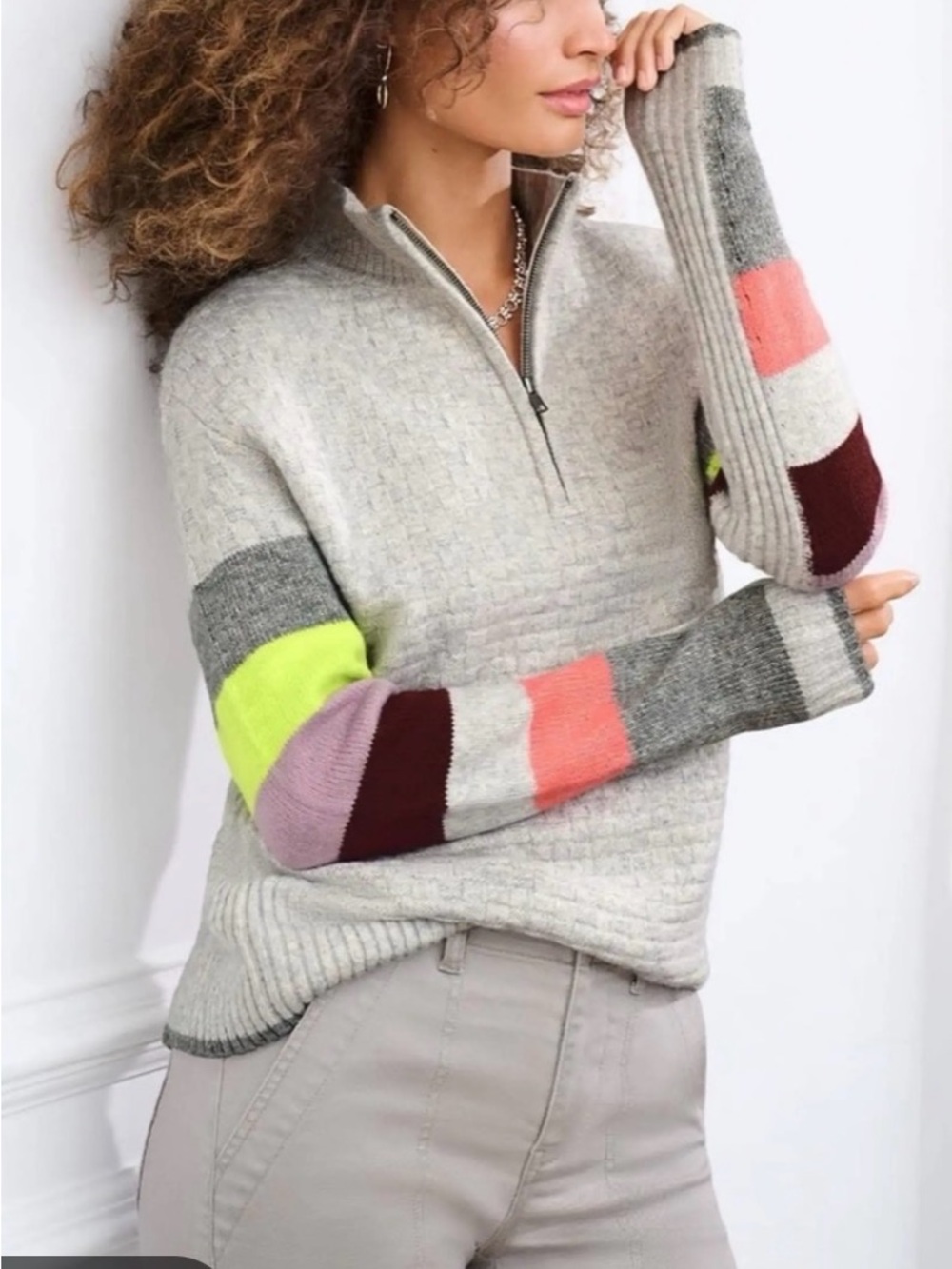 Cabi Tranquil Pullover Sweater Gray Colorblock Neon Striped Sleeve Size M
